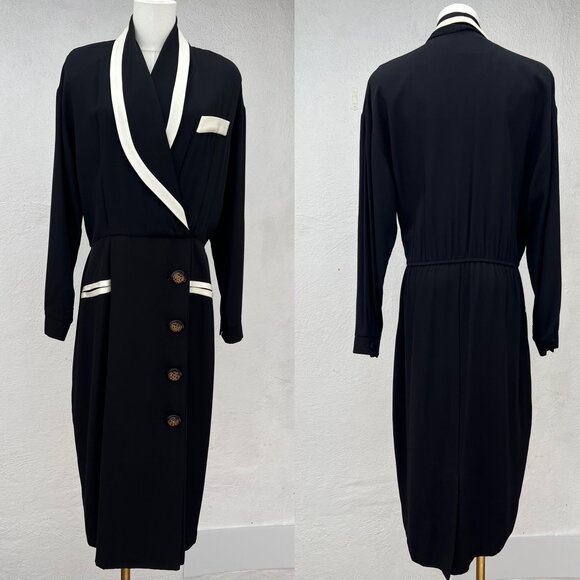 Vintage 80s Danny & Nicole Black & White Midi Secretary Dress / Made in the USA - Picture 2 of 16